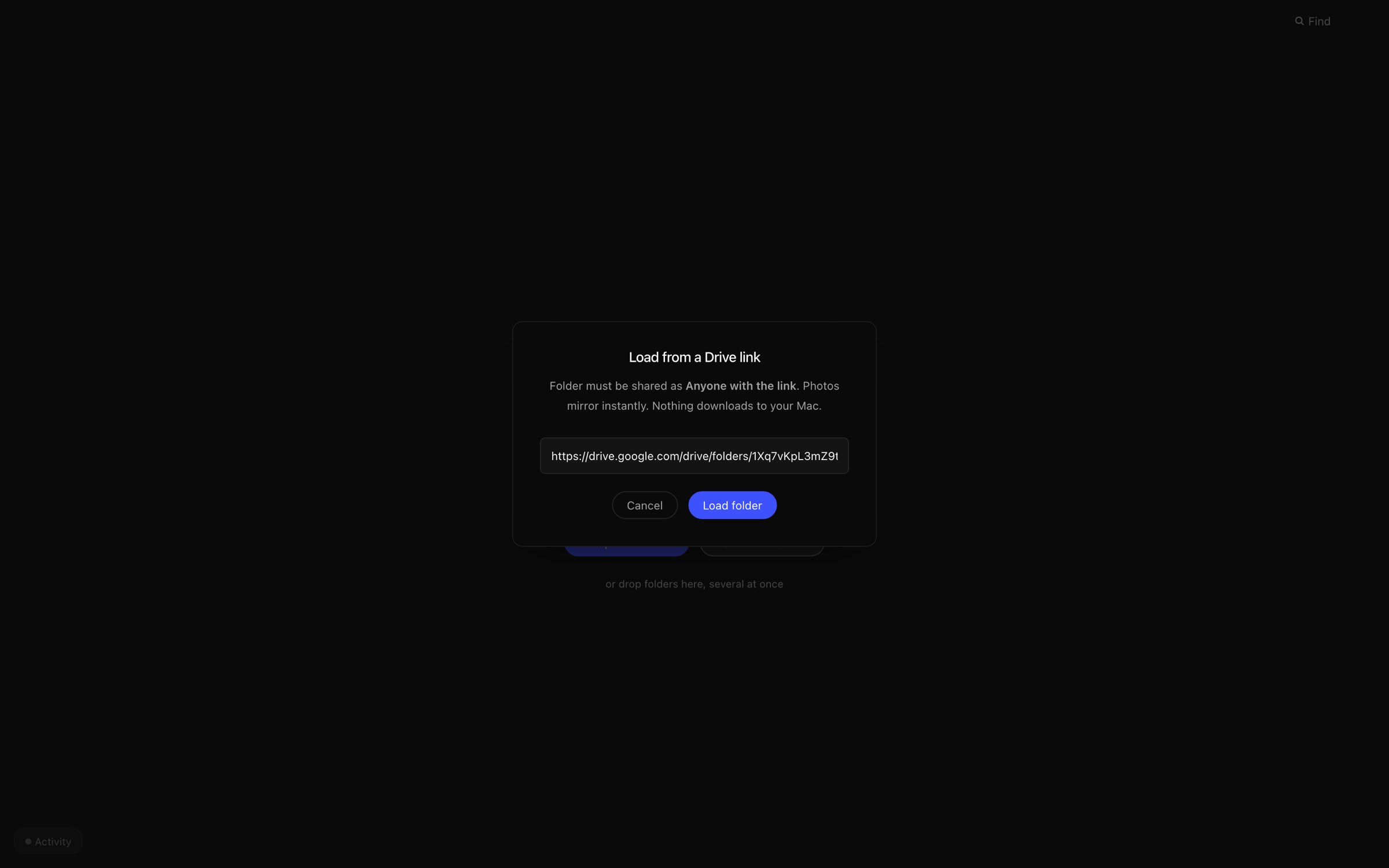 FieldCut's start screen with a Google Drive folder link pasted into Load from a Drive link.