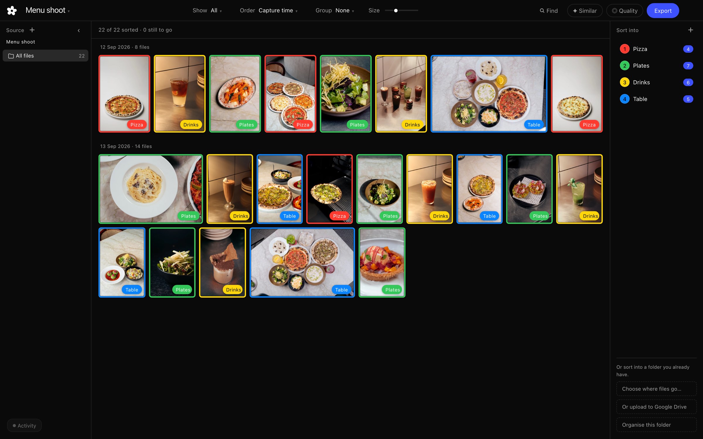 The same card sorted into four folders named Pizza, Plates, Drinks and Table, each frame outlined in its folder's colour, with the counts on the right.