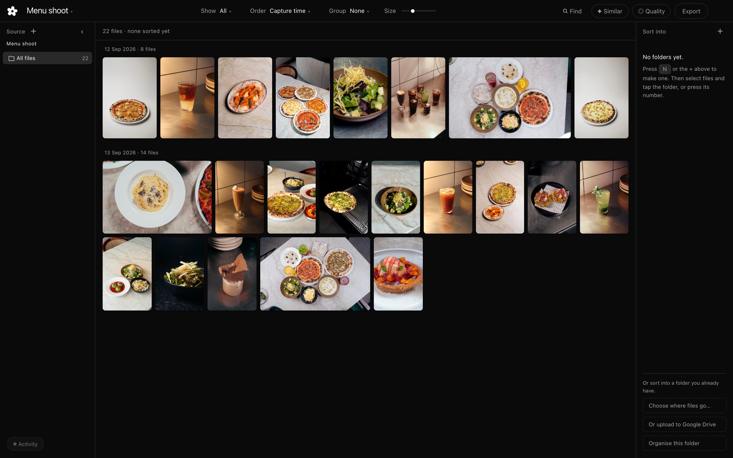 A card of restaurant photographs open in FieldCut: pizza, pasta, salads and drinks, every frame on one screen, grouped by the day they were shot.